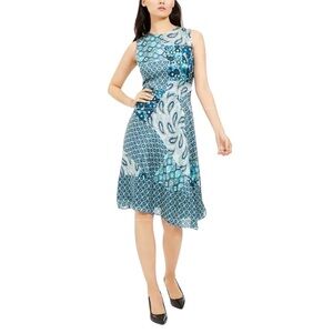 Elie Tahari Silk Azure Dress Mixed Floral Print Asymmetric Hem Bias Cut Size 12